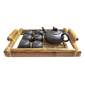 Bộ Bình Trà Đào Chỉ Bạc Khay Tre S2 Gốm Sứ Bát Tràng T569